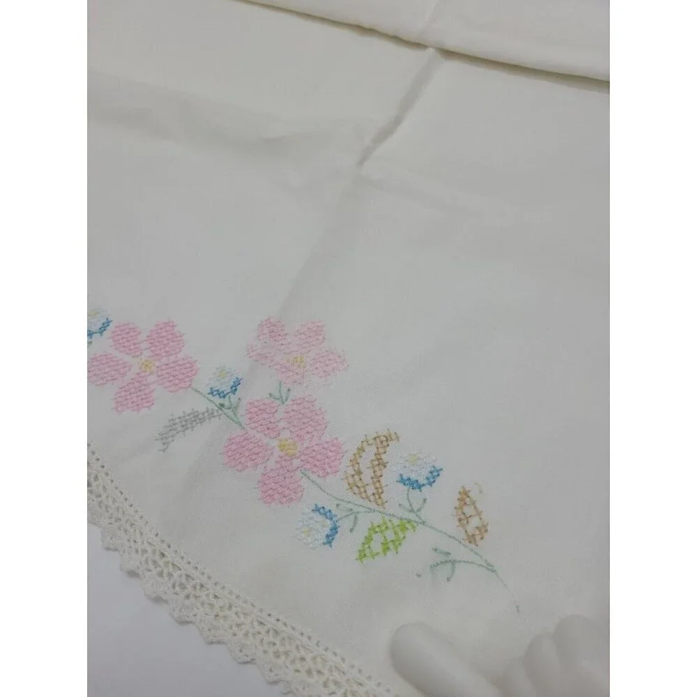 Vintage Handmade Cross Stitch Pillowcase Standard Sz Floral Scalloped Lace Edge